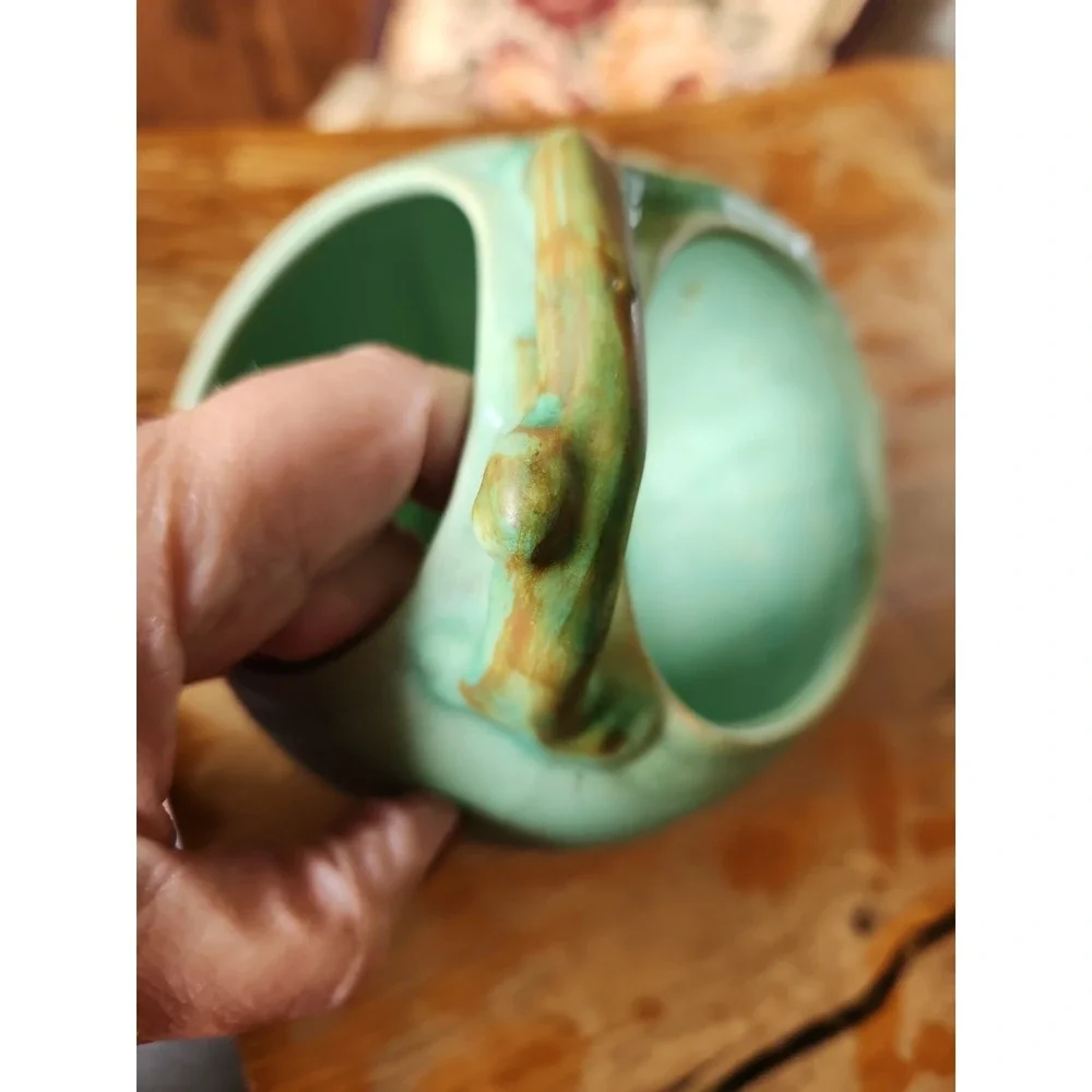 Vintage Weller Art Pottery Wild Rose Matte Green / Blue Basket Vase